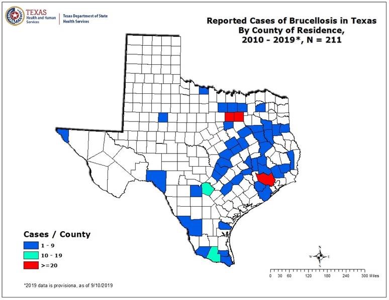 Reported Cases of Brucellosis in Texas by County of Residence 2010-19
